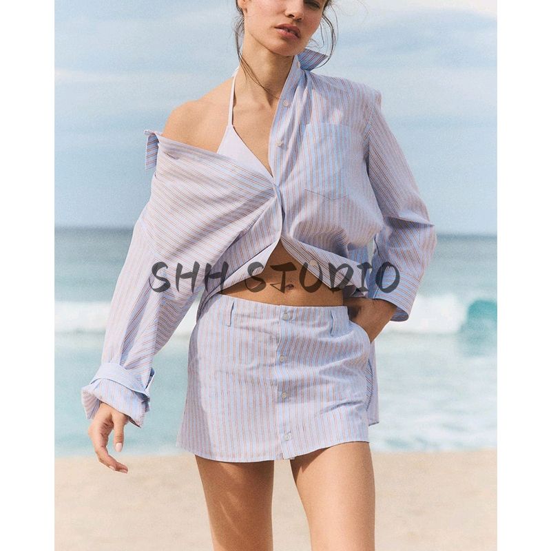 Lapel Long Sleeves Loose Poplin Shirt 2020458 Stripes Vacation Style Mid Waist Casual Culotte 6929410