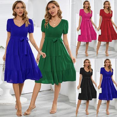 2023 Summer Women's O Neck Short Sleeve Slim Fit Flap Patched Cake Dress For Ladies Solid Color Bandage Dresses