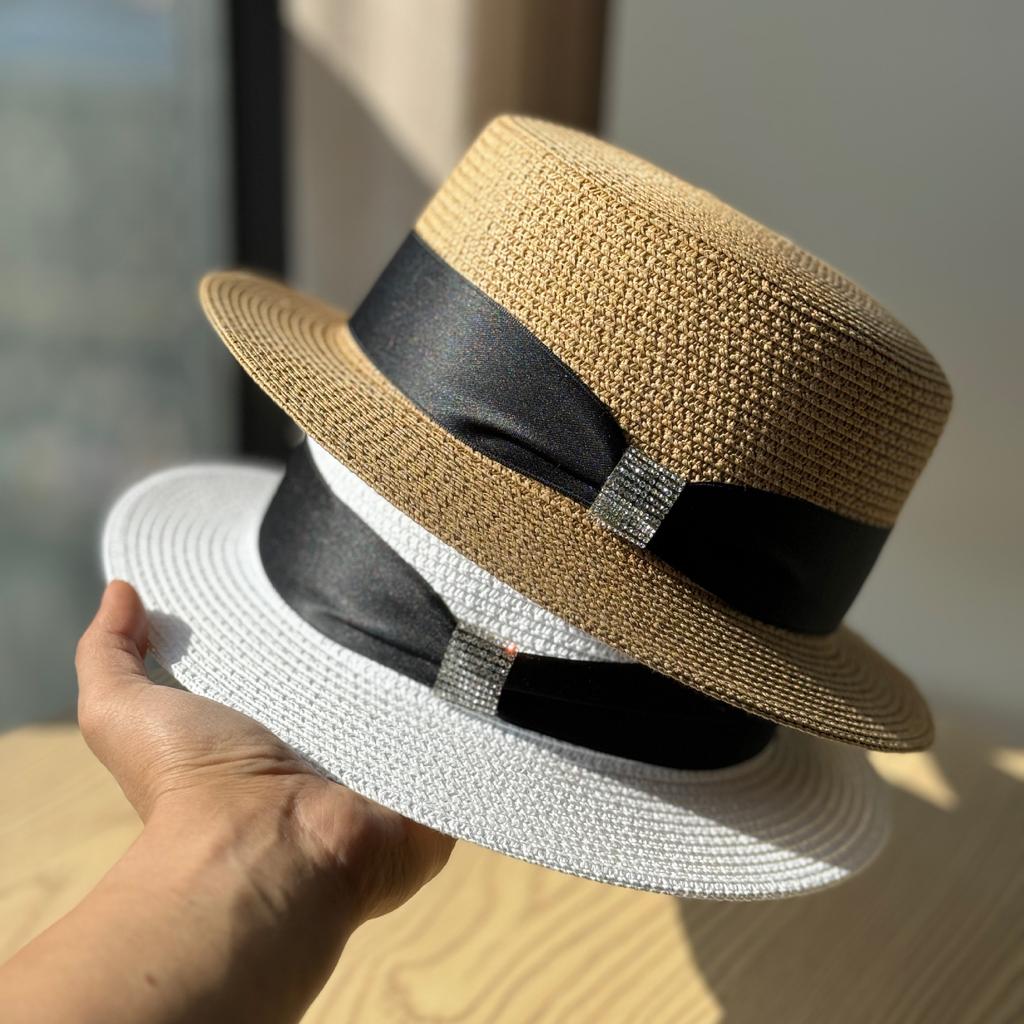 Female Elegant Top Hat French Big Head Circumference Hat Flat Top Straw Hat Seaside Vacation Sun Hat