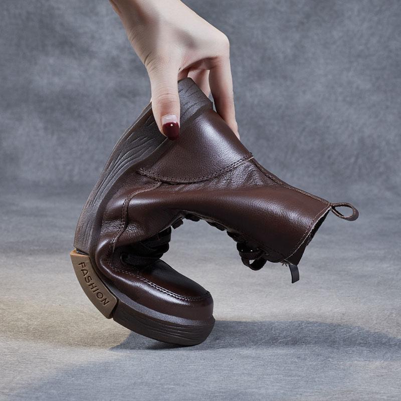 Winter Women Short Boots Round Toe Leather Handmade Retro Street Style Warm Flats Ankle Boots Casual Women's Flat Bottom Sports Short Boots