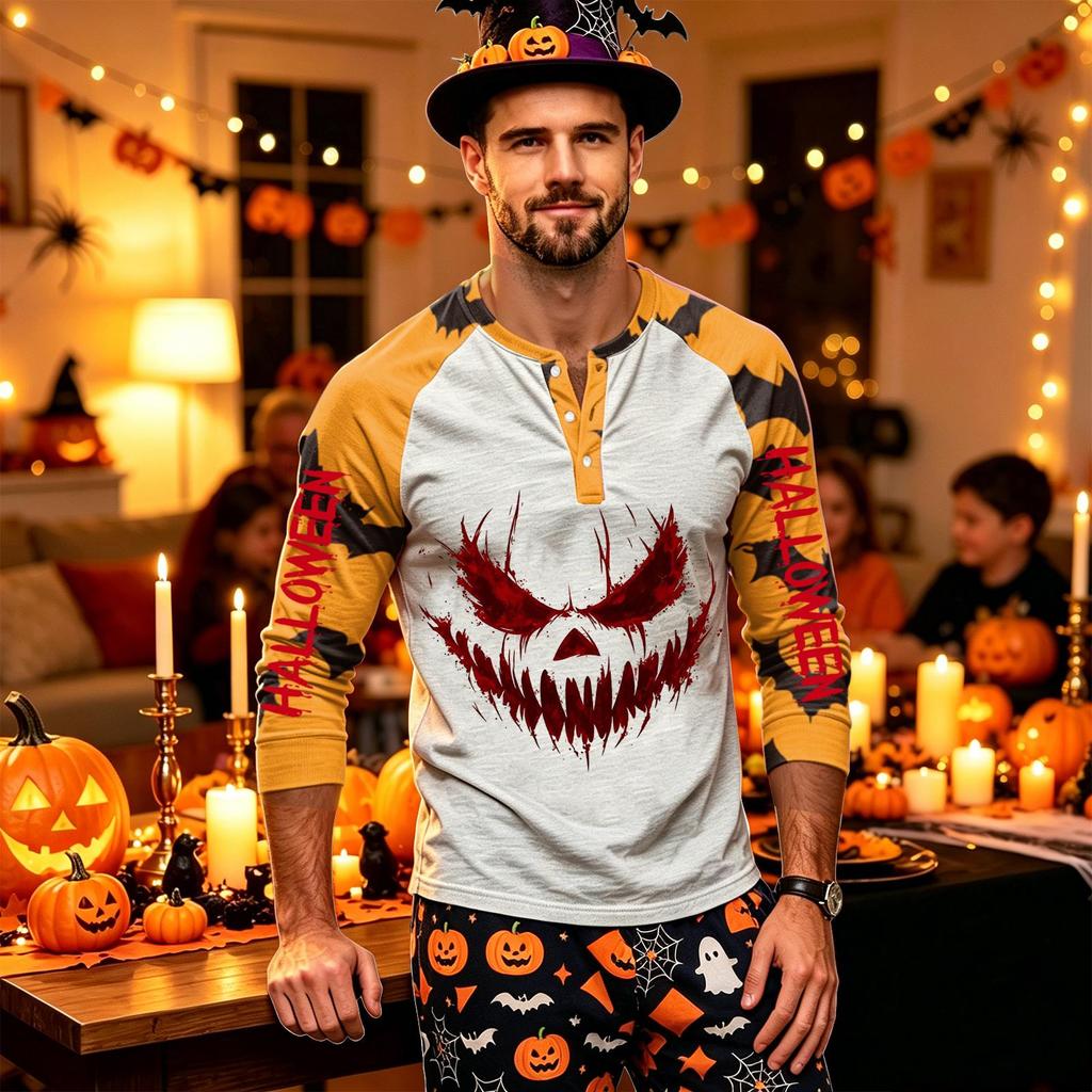 Men's Long Sleeve Shirt with Halloween Print for Holiday Parties and Casual Wear