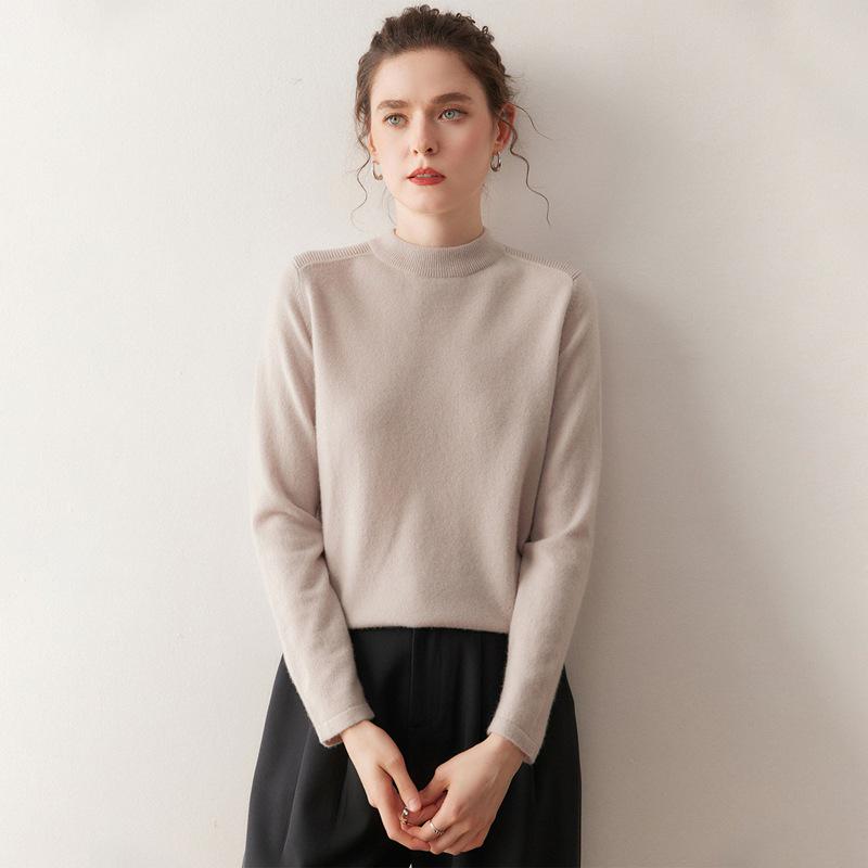 Women's Cashmere Sweater - Shoulder Pad Half-High Collar Knit Pullover for Autumn/Winter