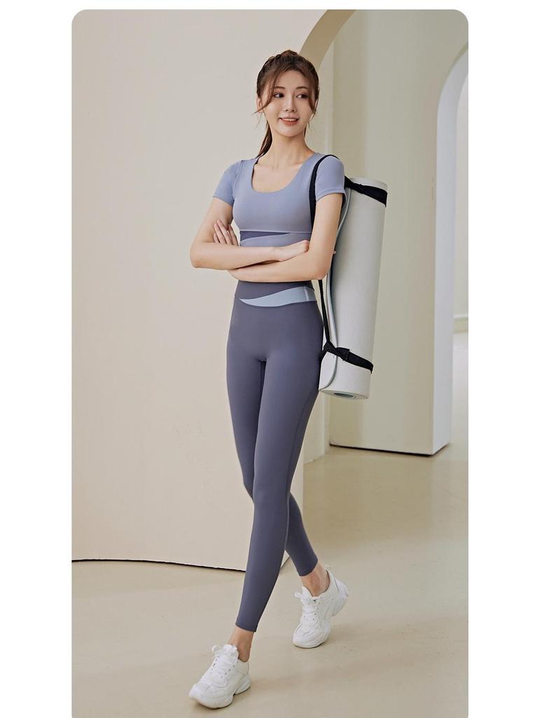 Nude-Feel Colorblock Kurzarm-Crop-Top & Hüfthebendes Yoga-Set für Damen - Frühling/Sommer Fitnessbekleidung