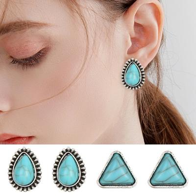 4 Paar Ohrstecker für Damen, geometrische Form, Boho-Stil, Kunsttürkis, Ohrstecker, Vintage-Stil, ethnischer Stil