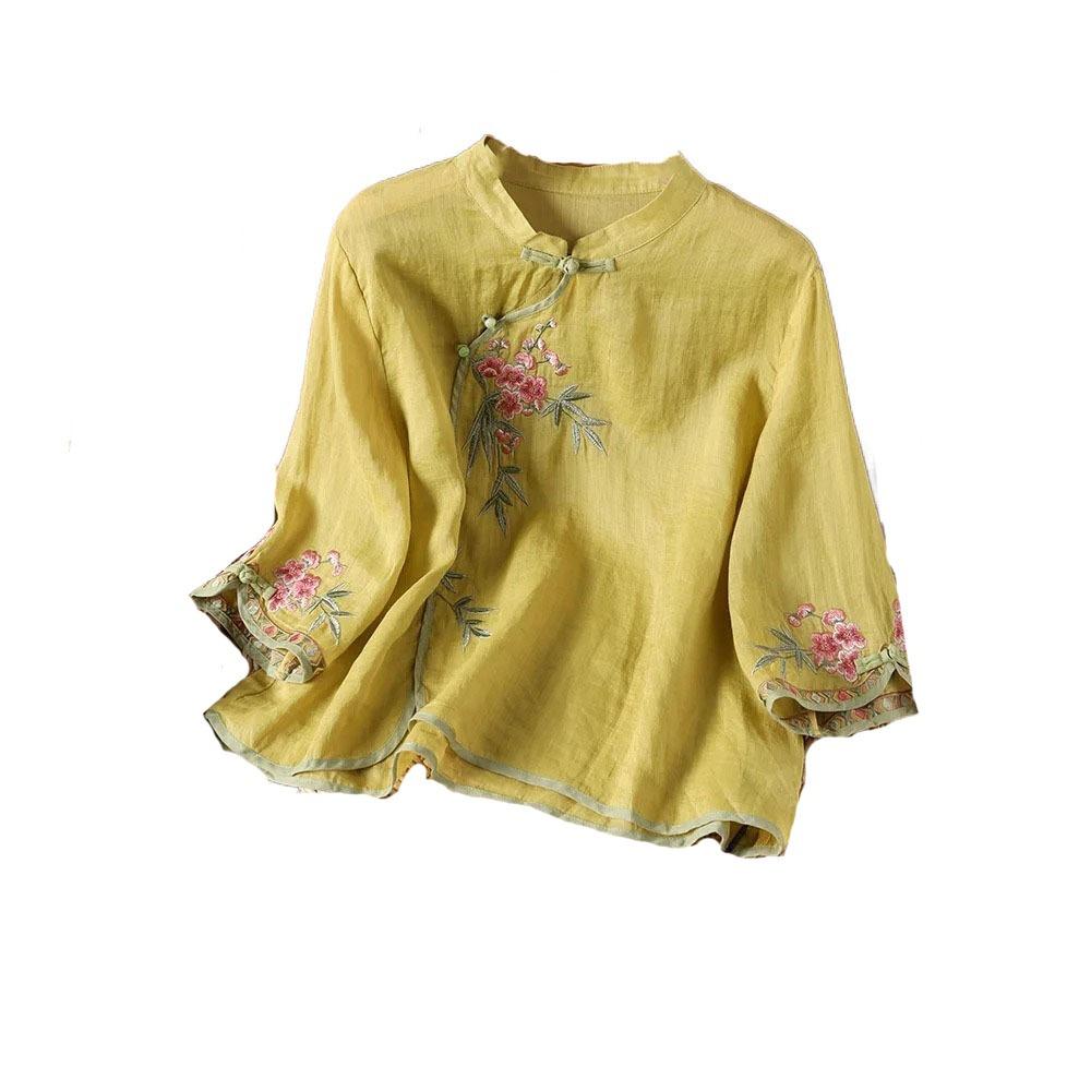 

Retro Embroidered Floral Top Frog Button Cotton Linen Shirt All-match Ethnic Style Top Ladies/Girl M