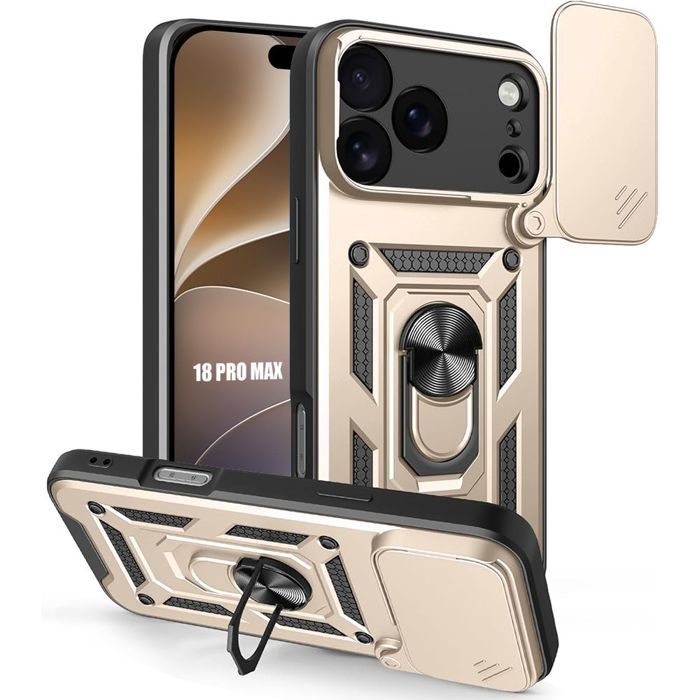 Coque pour iPhone 18 Pro Max, Résistante avec Anneau et Cache Caméra Coulissant - Doré