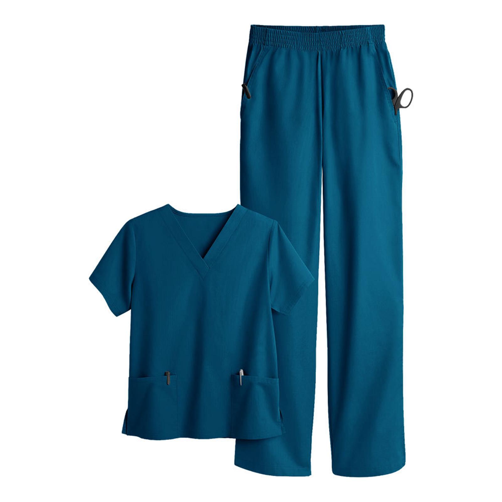 

Ladies Loose And Comfortable Round Neck Short Sleeved Workwear With Multiple Pockets Suit Set XL синій