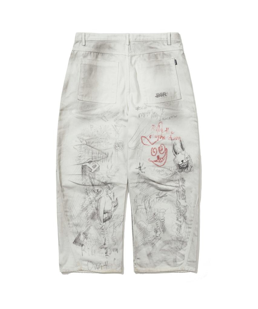 Bieseulaebis Rabbit Graffiti Barrel Rack Vintage Washed Denim Pants White