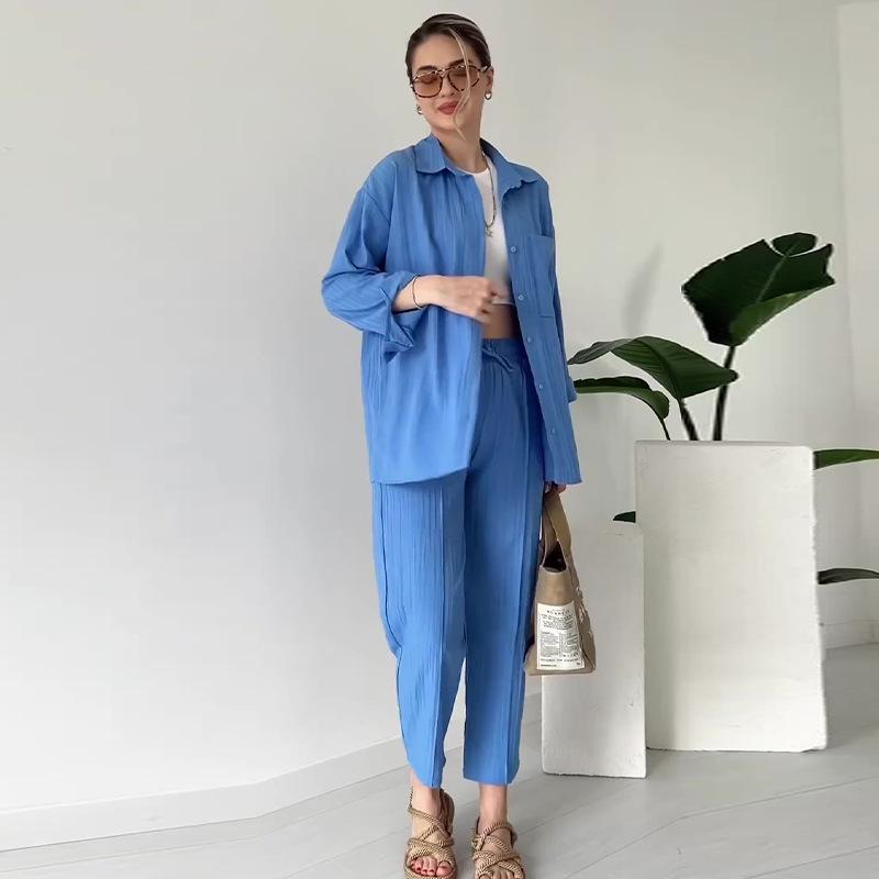 2024 Herbst Europäischer & Amerikanischer Damen Einfarbige Bluse und Lange Hose Lässiges Vielseitiges Zweiteiler-Set