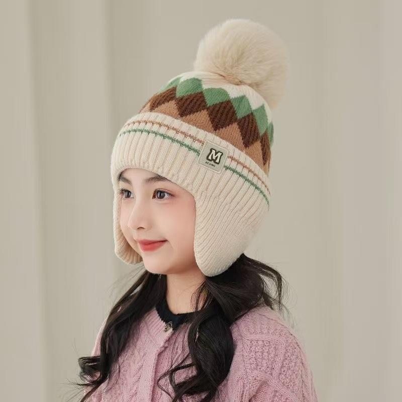 Winter Children's Warm Hats Autumn and Winter Boys and Girls Rhombus Windproof Ear Hats Baby Knitted Thickened Wool Hats