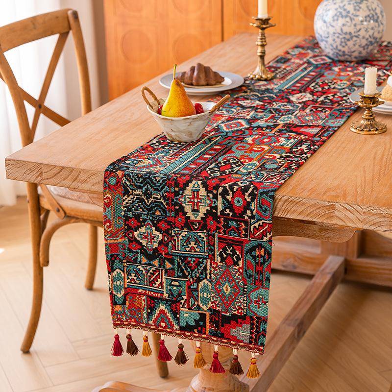 Bohemian Table Runner American Retro Polycotton Jacquard Tablecloth, Long Rectangular Farmhouse Dining Table Decor Bohemian Coffee Table Cover
