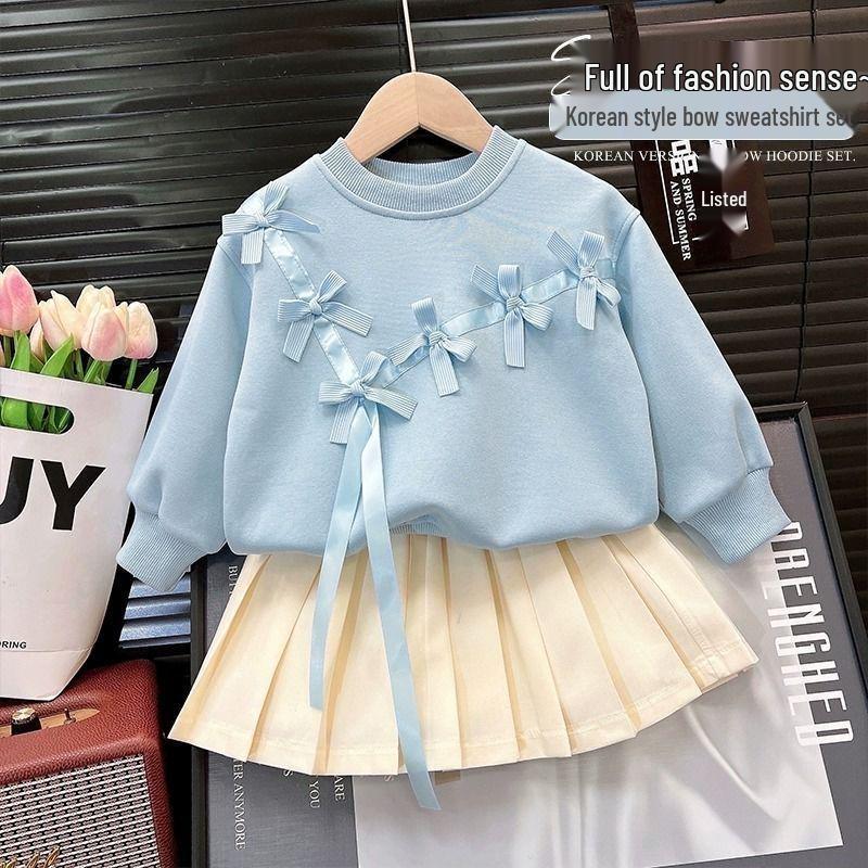 Frühlings- & Herbst-Schleife Langarm-Sweatshirt mit Faltenrock für Mädchen