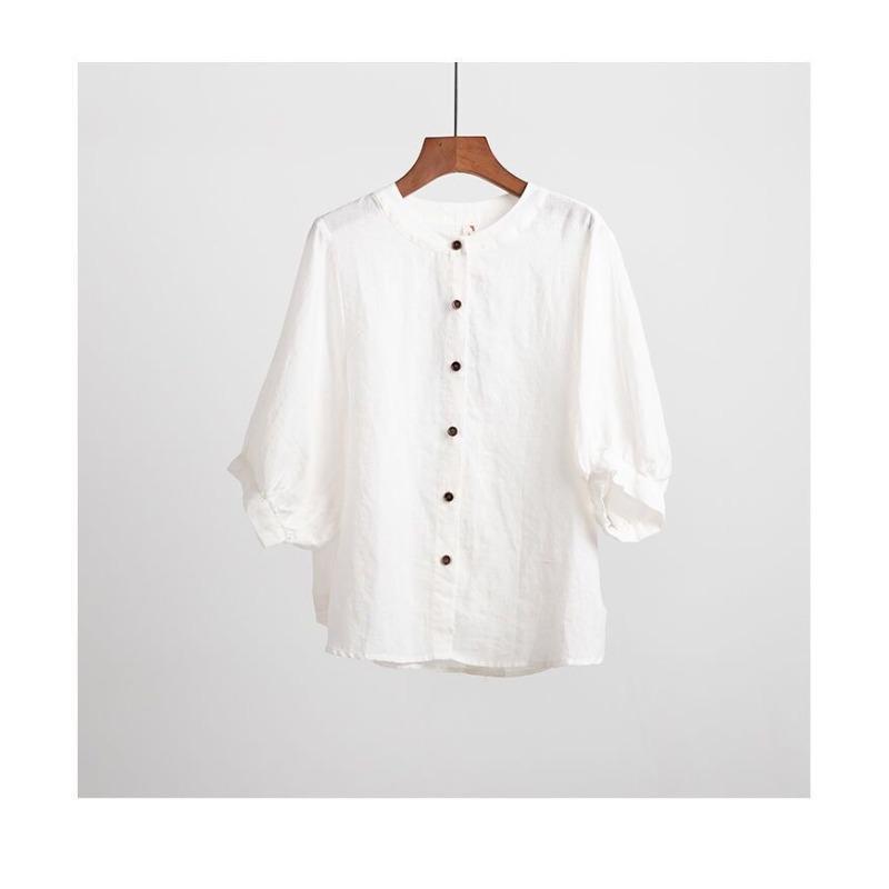 Summer Cotton Shirt Women's Lantern Sleeve Retro Blouse Large Size Loose Mid-sleeved Shirt Women