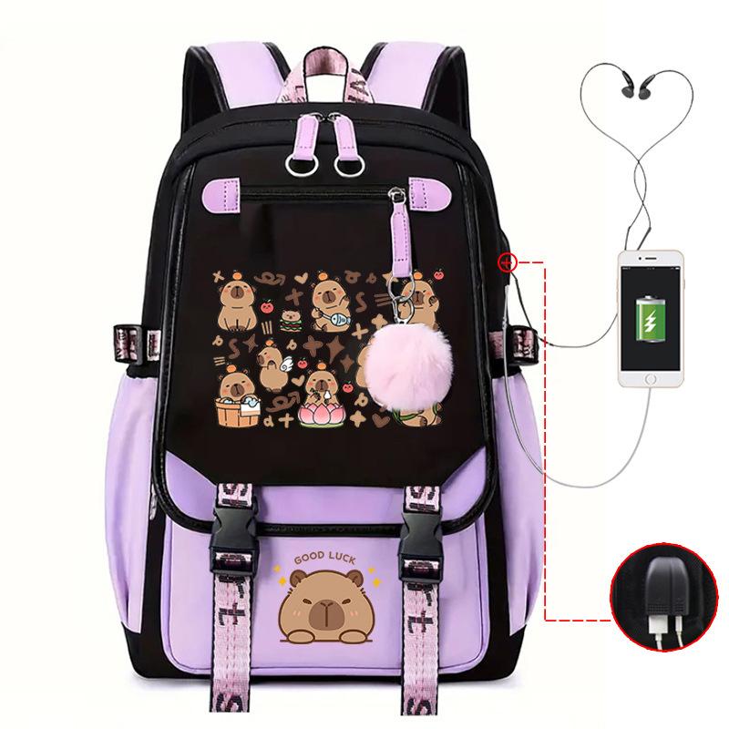 Fashion Trend Kapibara Leisure Burden Reduction Travel Bag Multifunctional Large Capacity USB Student School Bag