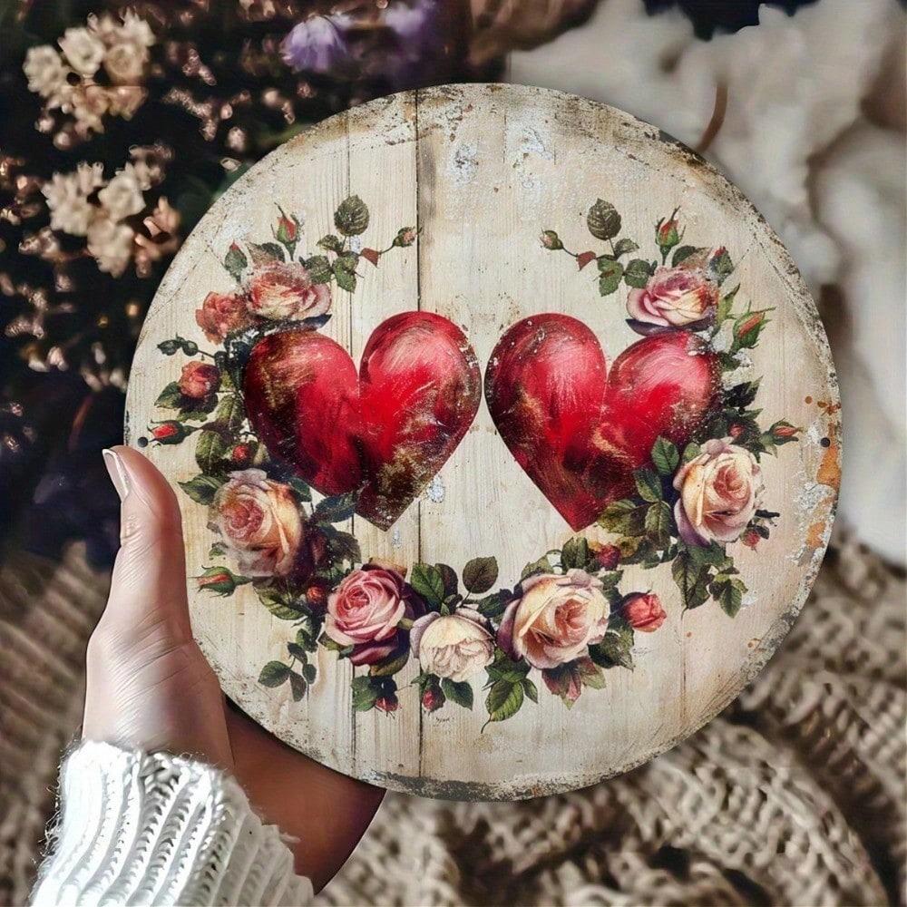 

Vintage Heart Metal Sign Rustic Floral Round Aluminum Wall Art 7.87 Inch Red Pink Roses Wood Background Home Decor 20x20 різнокольоровий