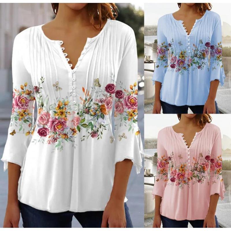 Women's Shirt Blouse Floral Button Print 3/4 Length Sleeve Casual Holiday Basic V-Neck Regular Floral