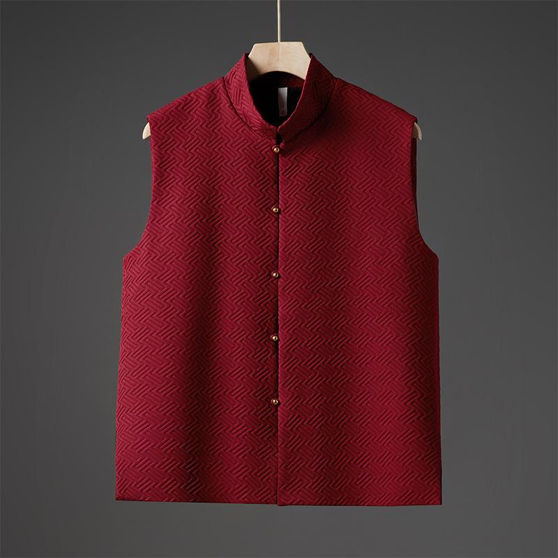 

Осень Национальная Мода Повседневный Геометрический Жаккард Медная Пряжка Жилет Китайский Стиль Стойка Воротник Без Рукавов Куртка Тан Костюм L красный