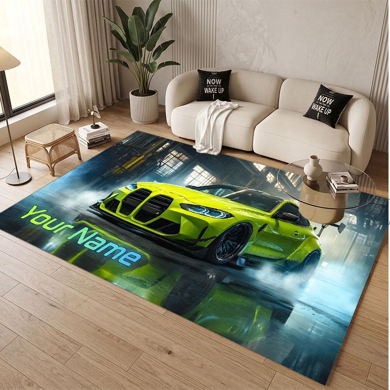 Car Racing Theme Soft Crystal Velvet Rug Custom Name & Text Print Non Slip Floor Rug for Bedroom Living Room