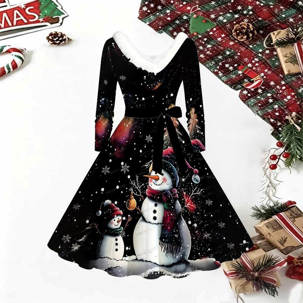 Women Christmas Print Midi Dress, Long Sleeve V‑Neck Furry Trim A‑Line Party Dress, Christmas Limited Edition