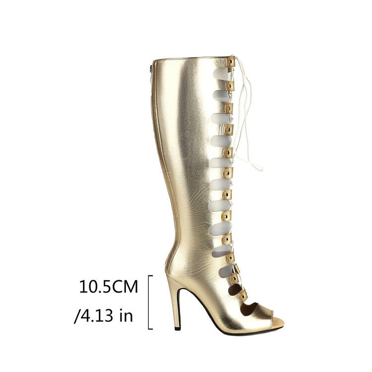 Fashion Cross Strap Rivet Belt Buckle Women's Cool Boots Summer Sexy Silvery Gold High Heel Sandals Dress Party Motorcycle Boots Size 48