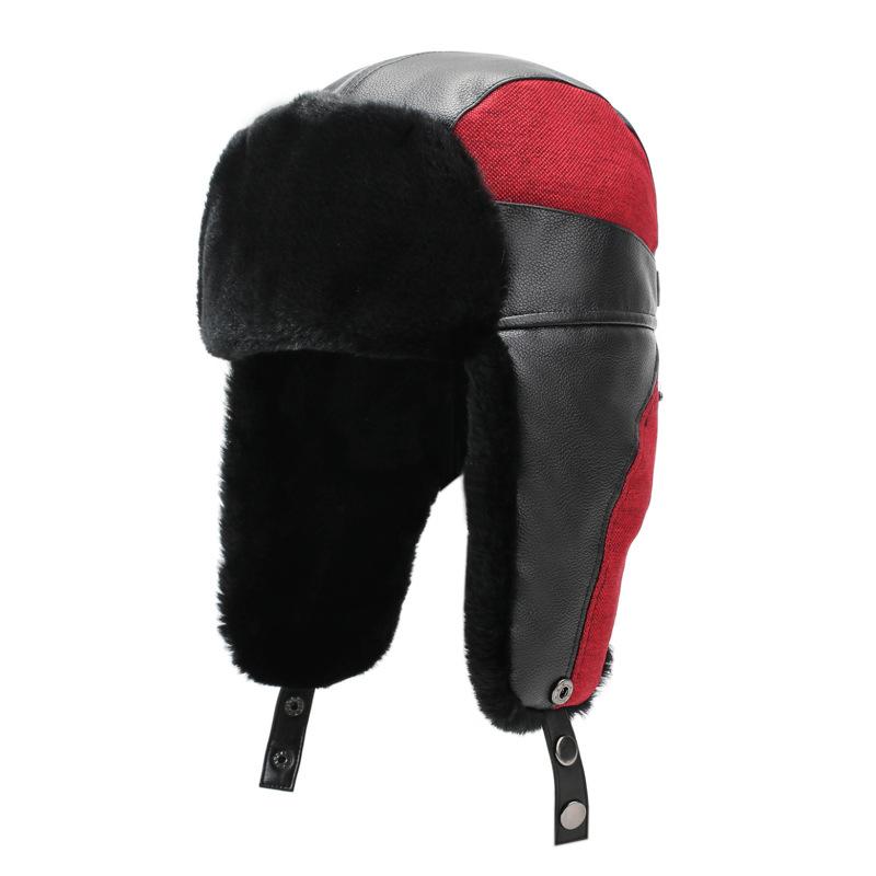 Winter PU Hat Bomber Hat Men's Outdoor Windproof Cold-Proof Ski Hat Thick Fleece Warm Cotton Hat