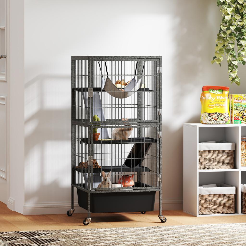 4-Tier Small Animal Cage with Ramps, Platforms, Hammock and Wheels, 52x52x115 cm, Grey