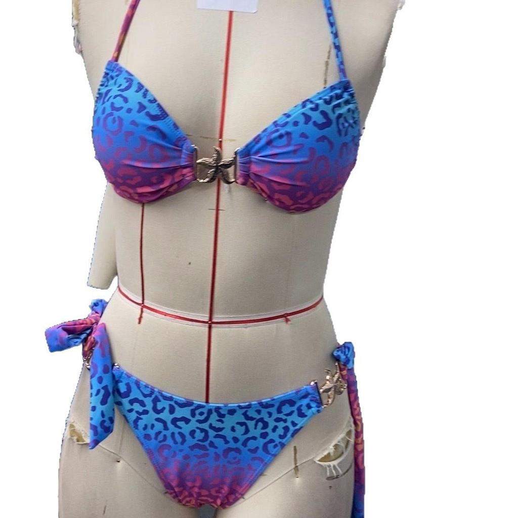 2026 Blue Gradient Leopard Halter Bikini - European & American Style Backless Swimsuit