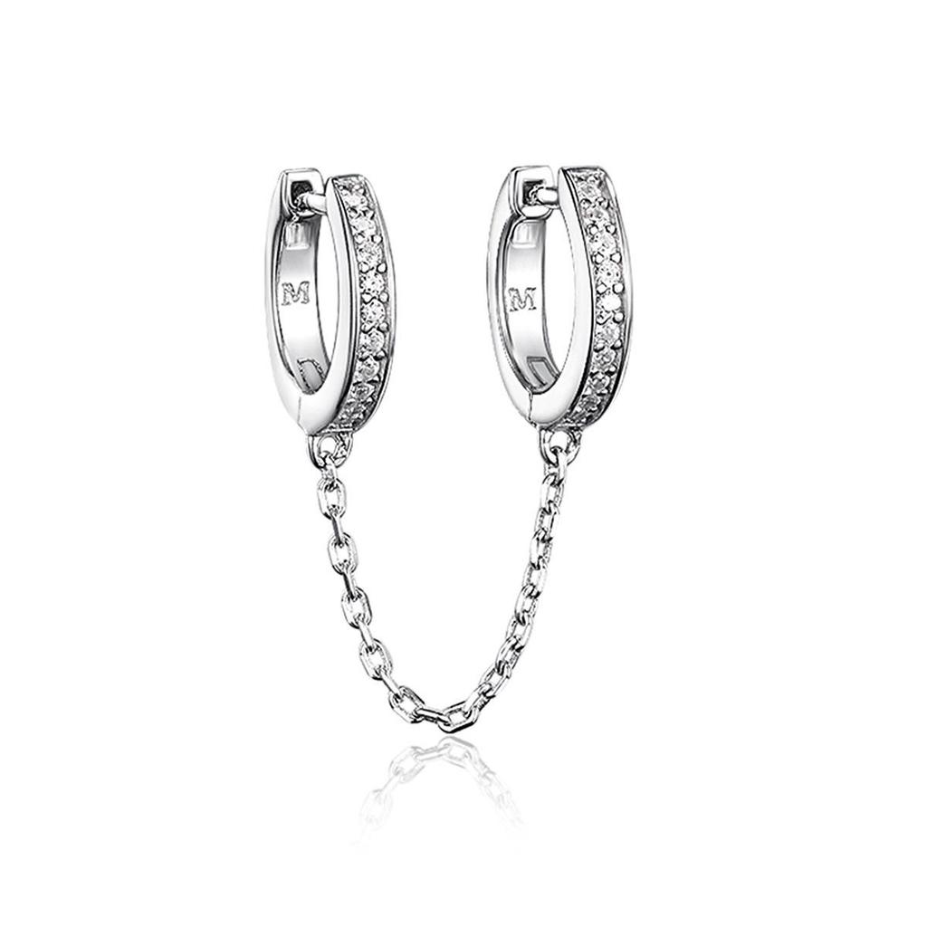 European & American S925 Sterling Silver Zircon Row Diamond Double Ring Tassel Hoop Earrings