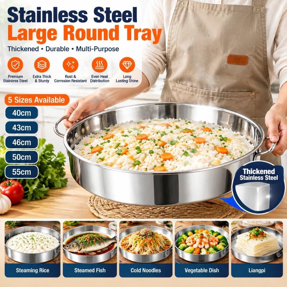 Stainless Steel Steaming Tray with Handle Noodles Rice Plate Vegetable Fish Pan Kitchen