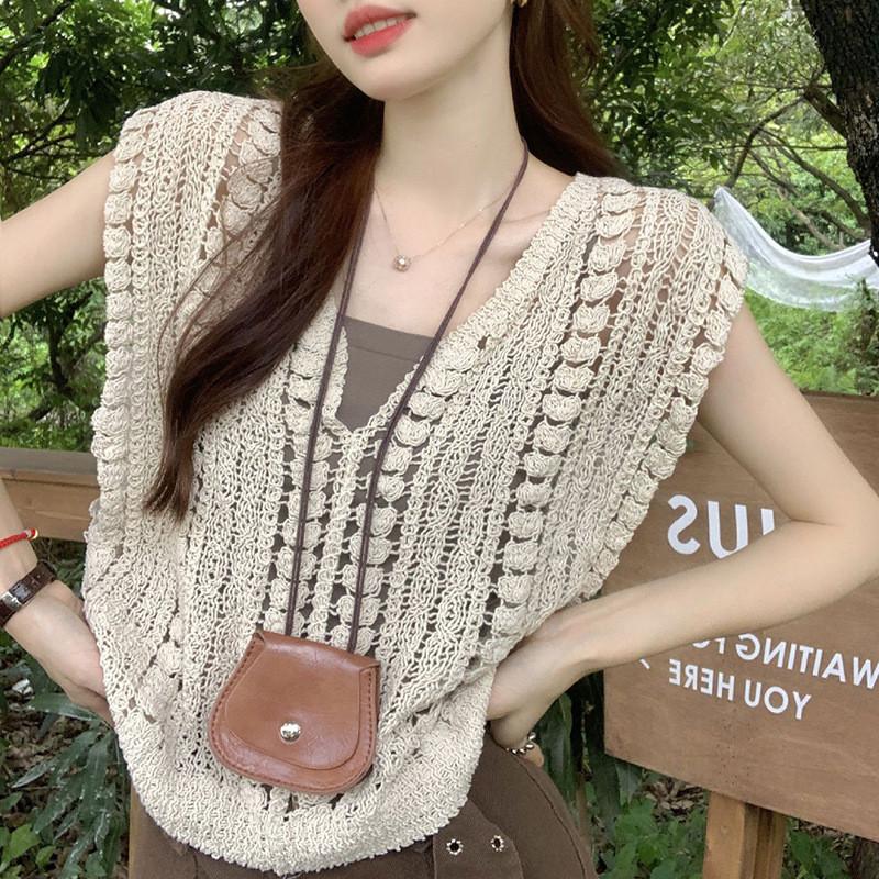 

No Inner Wearness Lightweight Hollow Crochet Knit Vest Women s Sleeveless Summer Top Casual Short Layered Outerwear free size бежевий