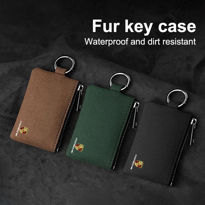 Car Suede Key Case Keychain Mini Storage Bag Accessories For Porsche Cayenne Panamera Macan 911 718 Taycan Boxster Cayman Pajun GO3