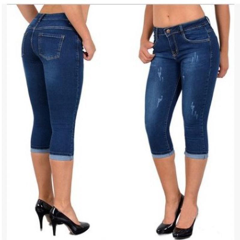 

Летние эластичные джинсовые укороченные брюки с высокой посадкой, простыми карманами, зауженные, с отворотами, женские M темно-синий