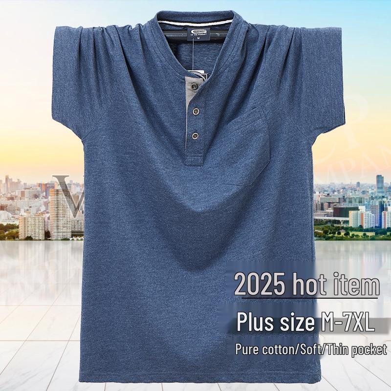 Pánské letní bavlněné tričko s krátkým rukávem nadměrné velikosti 7XL s kapsou, otevřeným límcem a knoflíky