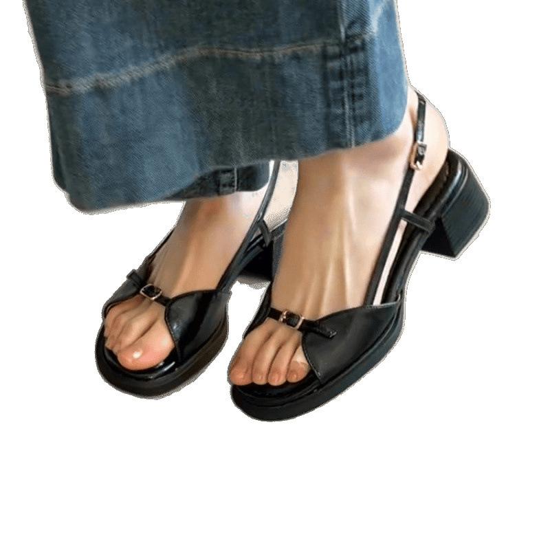Sheepskin version~ Wear one-pedal sandals for women's one-button leather soft-soled versatile thick-heeled open-toed shoes
