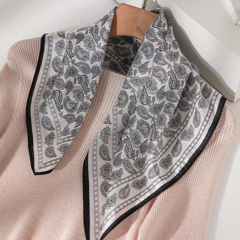 100% Mulberry Silk Small Square Scarf Women's Summer Thin Silk Scarf Black and White Printing Versatile Sunscreen Shawl Light Luxury High