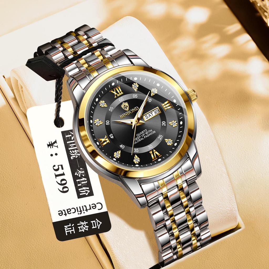 Binbang Men's Waterproof Quartz Watch with Luminous Dial, Rhinestone Accents, Dual Calendar, and Steel Strap.