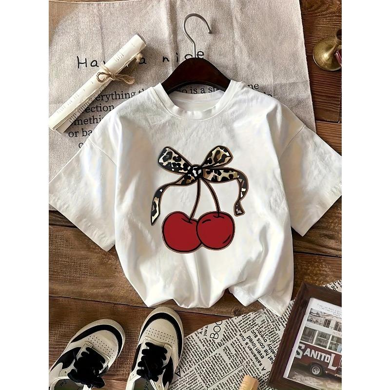 European sizes Cherry Girls Stylish Short-Sleeve Casual Top for Outdoor Activities 110 белый