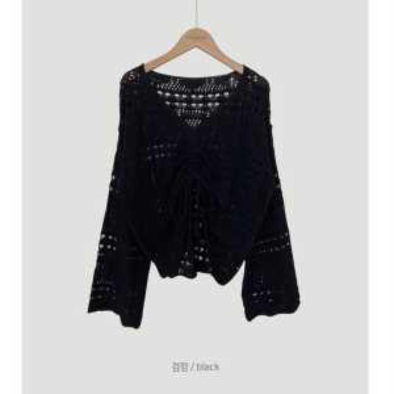 New Spring and Autumn Hollow Knitted Blouse V-neck Drawstring Fashionable Ice Silk Solid Color Long-sleeved Top