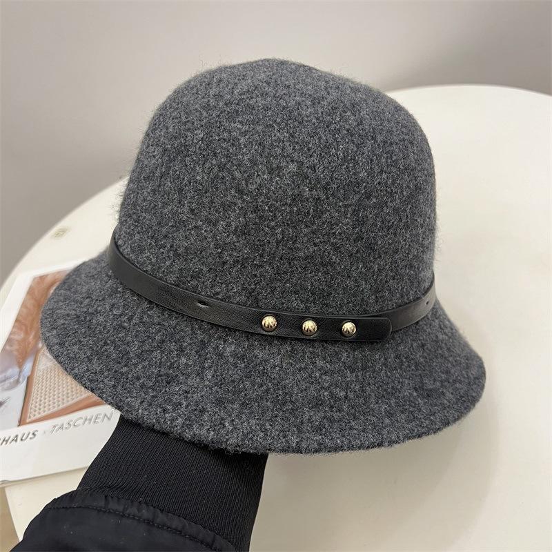 

Модная шерстяная вязаная шляпа-котелок с широкими полями женская осенне-зимняя литературная с пряжкой на ремне модная теплая шляпа-котелок складная M（56-58cm） темно-серого
