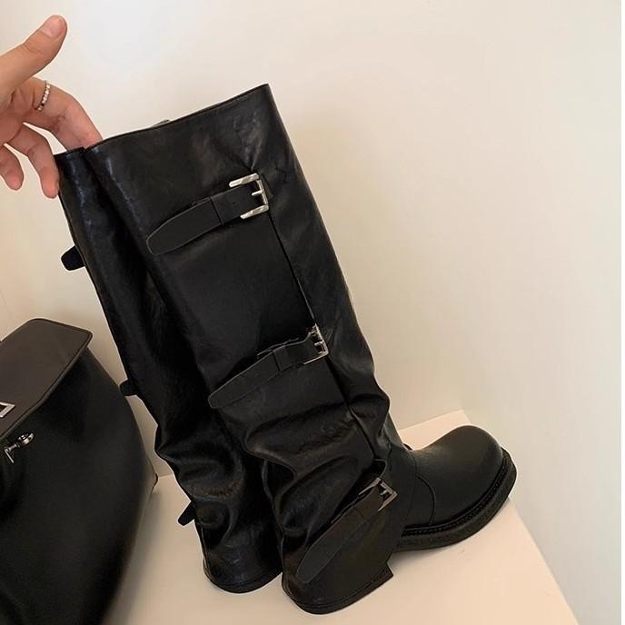Autumn and winter new heightening belt buckle square round head amber streamer wind boots western pile pants tube women's boots