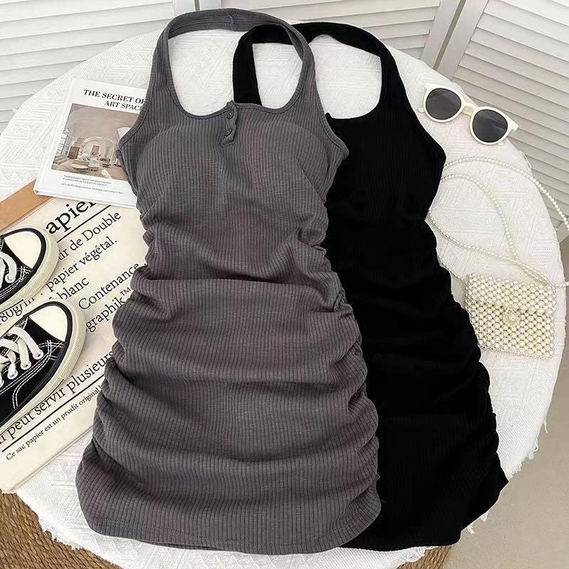 Sexy Spice Girl Fashion Neck Dress with Chest Pad Women's Summer New Slim Folds Buttocks Sleeveless Short Skirt