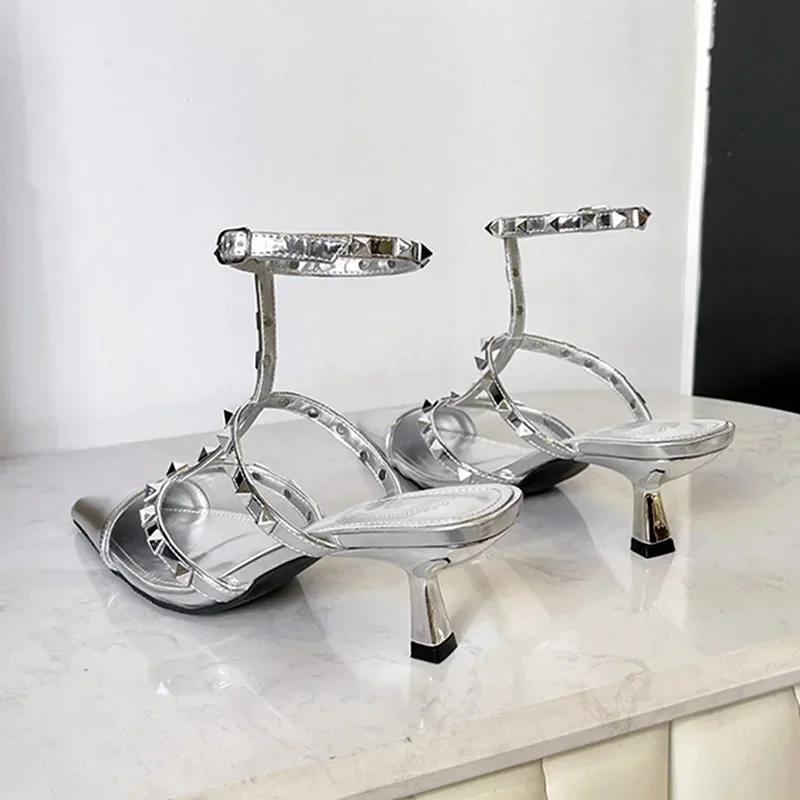 Original Brand Designer Metal Rivet Decoration High Heels Women Sexy Pointed Toe Patent Leather Ankle Strap Thin Heeled Sandals