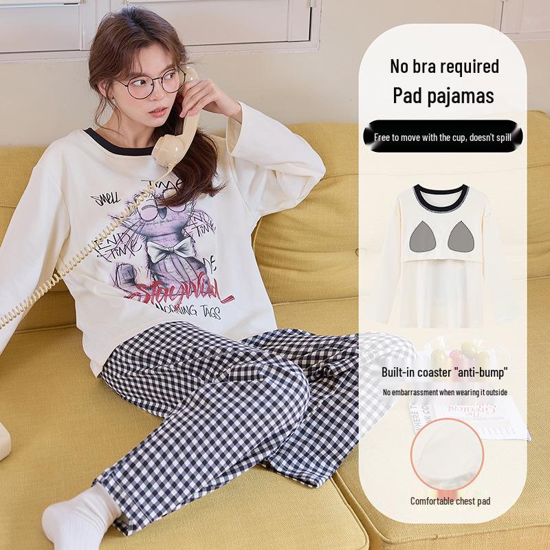 

Женский мультяшный пижамный комплект с нагрудными вкладышами - с длинным рукавом и брюками для весны и осени, для ношения дома или на улице Large