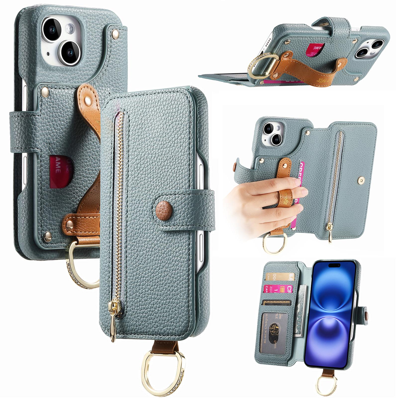 

For iPhone 15 Case RFID Blocking Zipper Wallet PU Leather Mobile Cover Blue