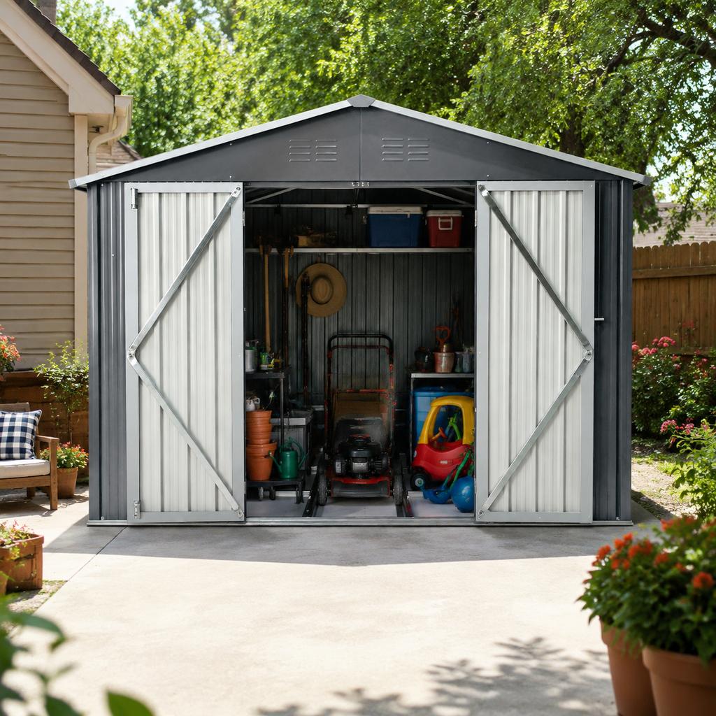 Metal Garden Shed 10x8 ft with Apex Roof in Grey as Outdoor Storage. The shed is equipped with an integrated floor frame. Floor area: 7.46 m².