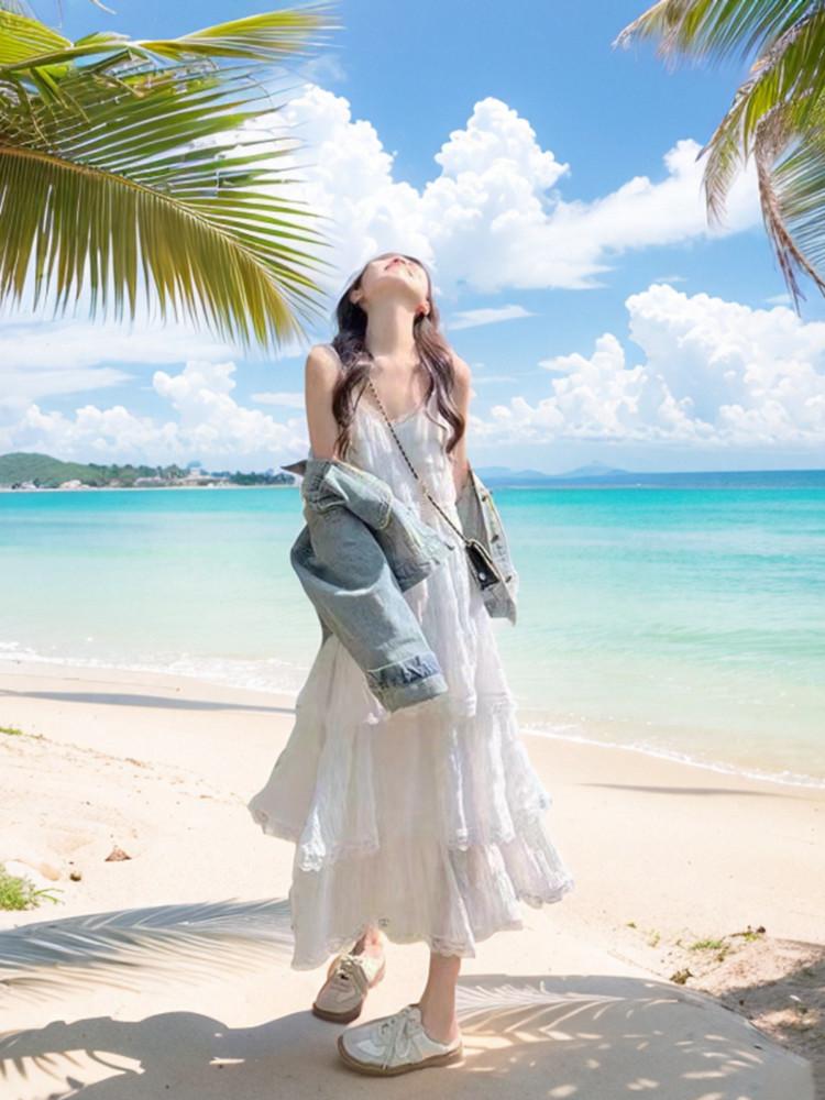 Lace Suspender Dress Women's Spring and Summer Seaside Vacation Dating Cake Dress First Love Pure Milk Sweet Beach Long Skirt