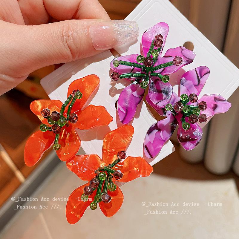 Silver Needle Spring Crystal Flower Stud Earrings - Mori Pastoral Style