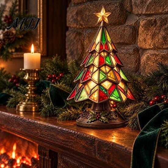 Unique Christmas Gifts for Friends Tree Table Lamp, Stained Glass Effect LED Night Light, Colorful Exquisite Resin Craft Ornaments Bedside Light