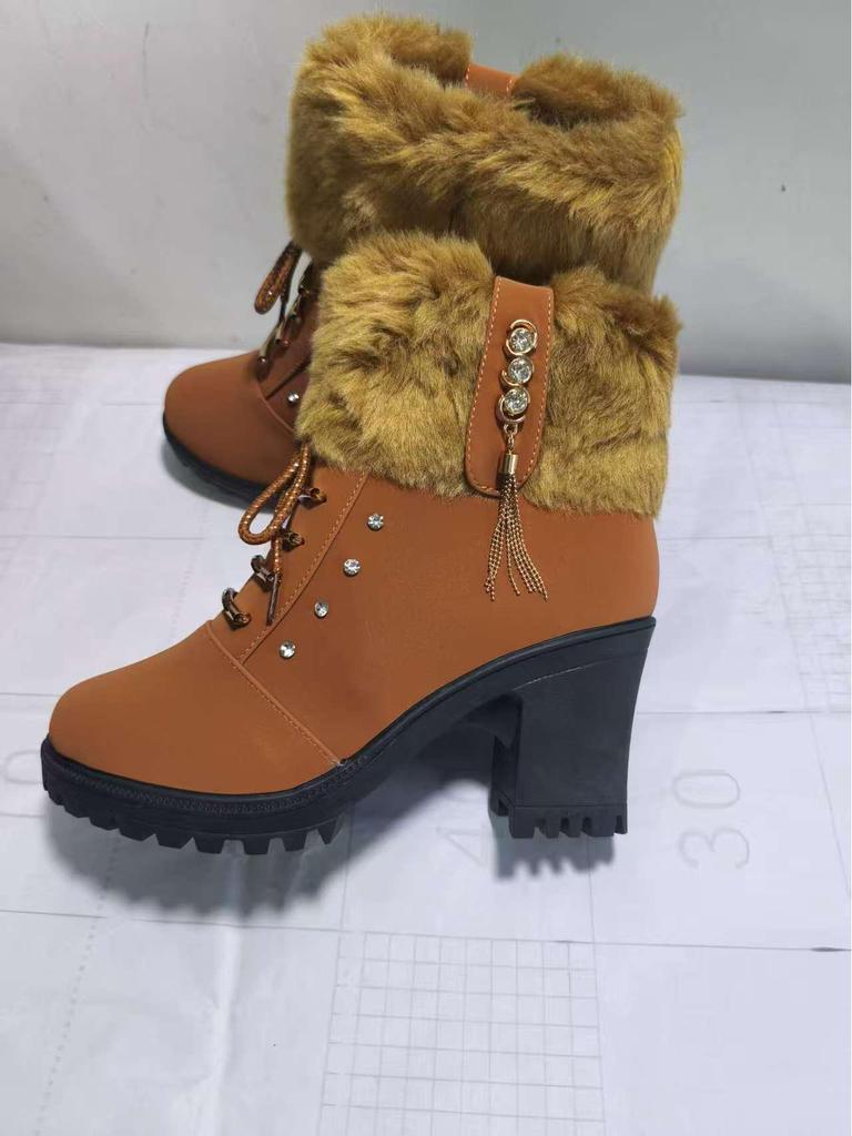 Plus Size Rhinestone Martin Boots 2024: High Heel, Warm Cotton, Side Zipper Women's Fashion Boots for Autumn/Winter