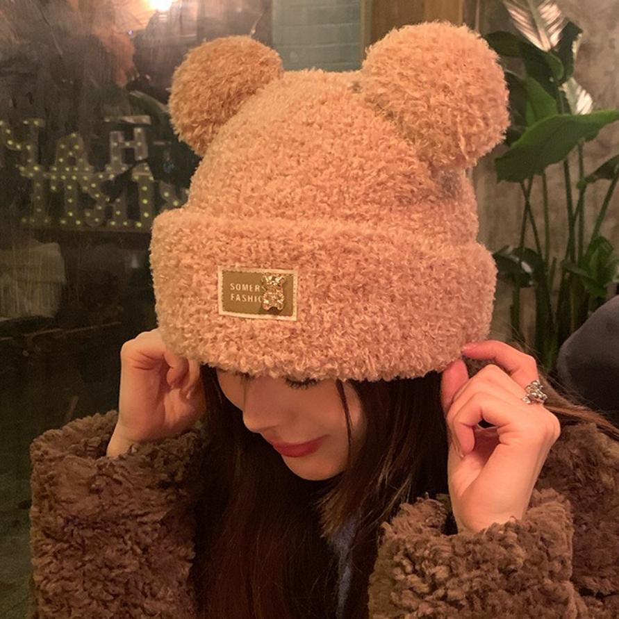 Little Bear Plush Hat with Thick Velvet for Autumn and Winter Cold Protection, Ear Protection, and Warm Knitted Hat
